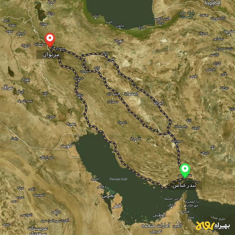 مسافت و فاصله مریوان - کردستان تا بندرعباس از 3 مسیر - مسیریاب بهراه