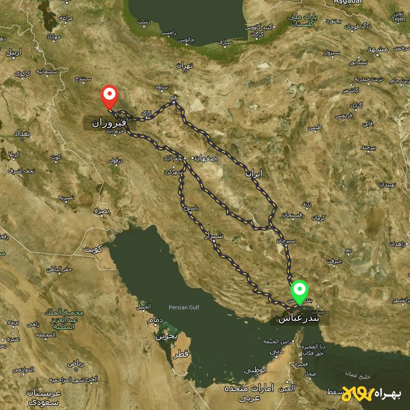 مسافت و فاصله فیروزان - همدان تا بندرعباس از ۳ مسیر - آبان ۱۴۰۳