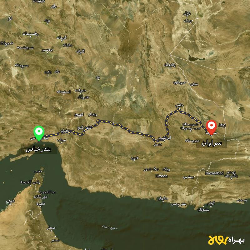 مسافت و فاصله سراوان - سیستان و بلوچستان تا بندرعباس - مسیریاب بهراه