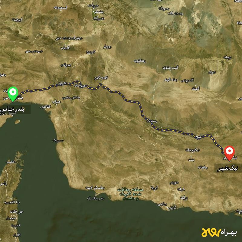مسافت و فاصله نیک‌شهر - سیستان و بلوچستان تا بندرعباس - مسیریاب بهراه