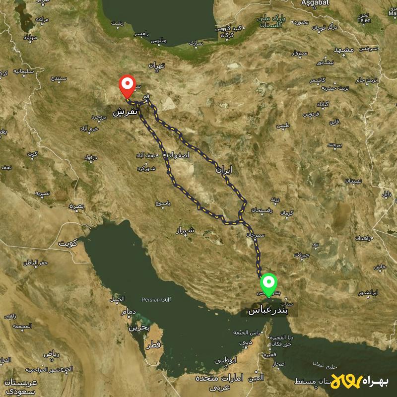 مسافت و فاصله تفرش - مرکزی تا بندرعباس از ۲ مسیر - آذر ۱۴۰۳