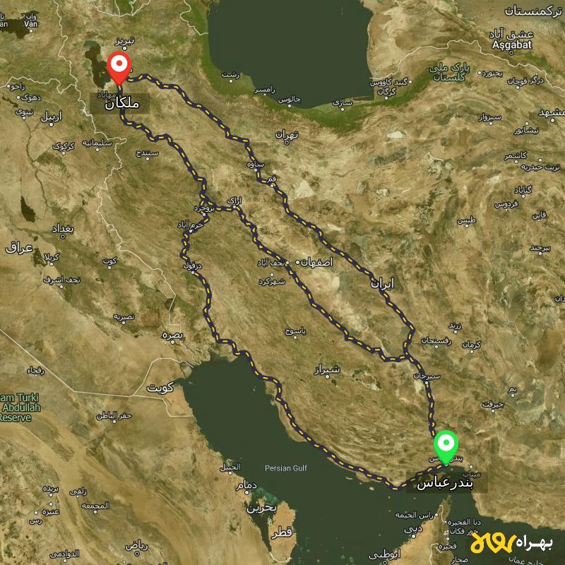 مسافت و فاصله ملکان - آذربایجان شرقی تا بندرعباس از ۳ مسیر - مرداد ۱۴۰۳