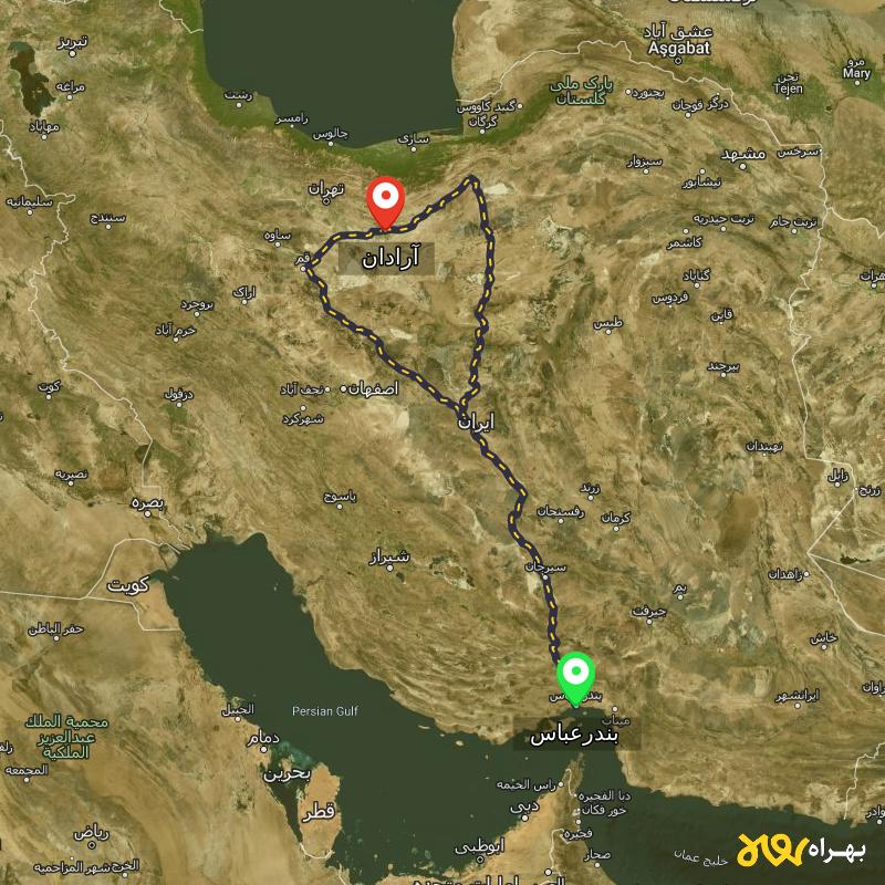 مسافت و فاصله آرادان - سمنان تا بندرعباس از ۲ مسیر - دی ۱۴۰۳