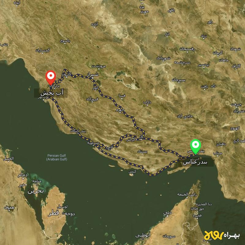 مسافت و فاصله آب پخش - بوشهر تا بندرعباس از ۳ مسیر - اردیبهشت ۱۴۰۳
