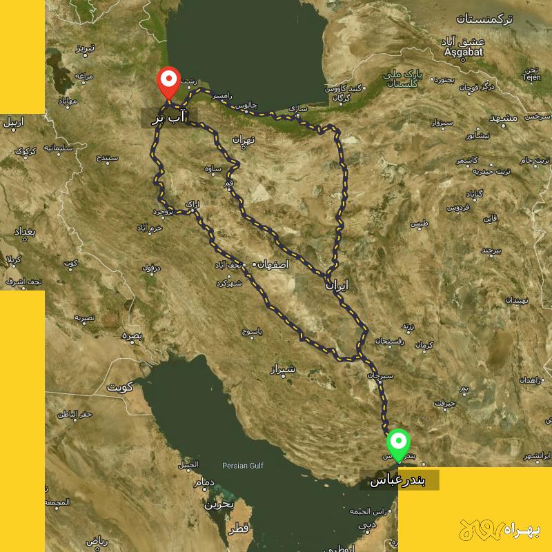مسافت و فاصله آب بر - زنجان تا بندرعباس از ۳ مسیر - بهمن ۱۴۰۳