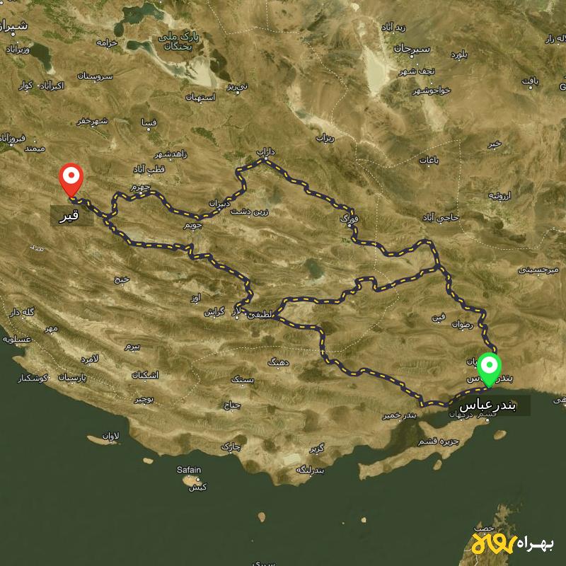 مسافت و فاصله قیر - فارس تا بندرعباس از 3 مسیر - مسیریاب بهراه