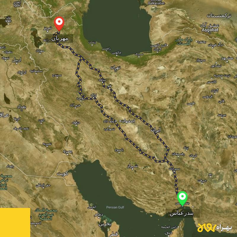 مسافت و فاصله مهربان - آذربایجان شرقی تا بندرعباس از ۲ مسیر - مهر ۱۴۰۳