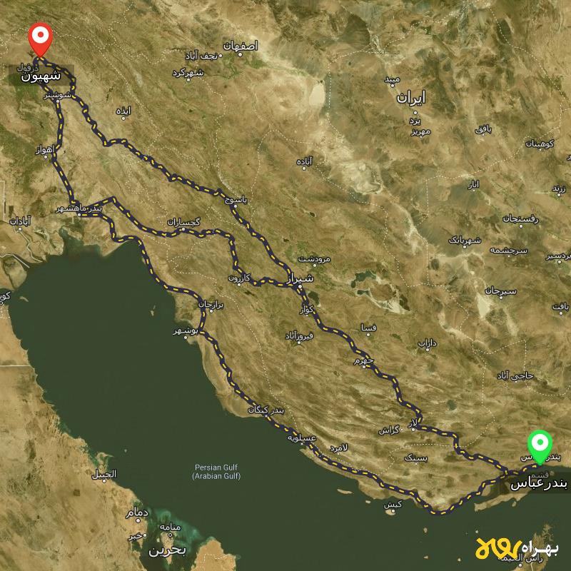 مسافت و فاصله شهیون - خوزستان تا بندرعباس از ۳ مسیر - شهریور ۱۴۰۳
