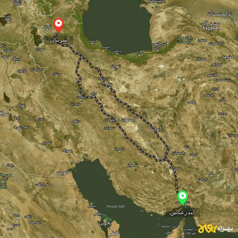 مسافت و فاصله شربیان - آذربایجان شرقی تا بندرعباس از ۲ مسیر - آبان ۱۴۰۳