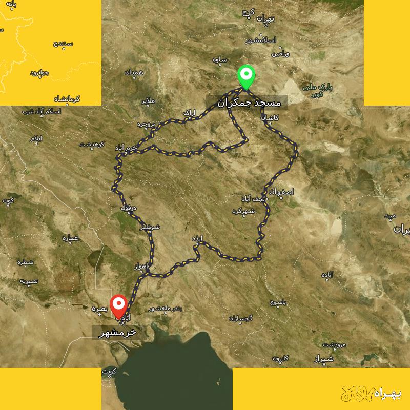 مسافت و فاصله خرمشهر - خوزستان تا مسجد جمکران - قم از ۳ مسیر - دی ۱۴۰۳