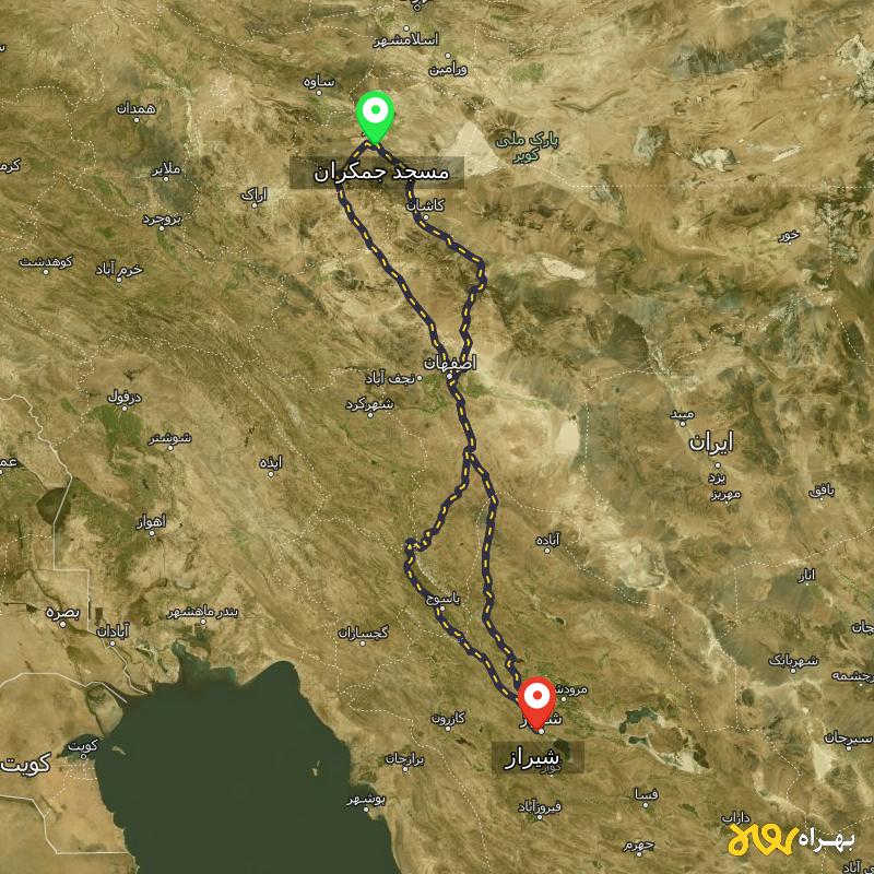 مسافت و فاصله شیراز تا مسجد جمکران - قم از ۳ مسیر - مرداد ۱۴۰۳