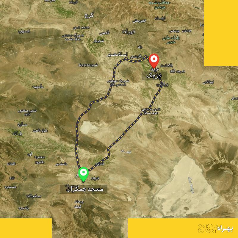 مسافت و فاصله قرچک - تهران تا مسجد جمکران - قم از ۲ مسیر - مرداد ۱۴۰۳