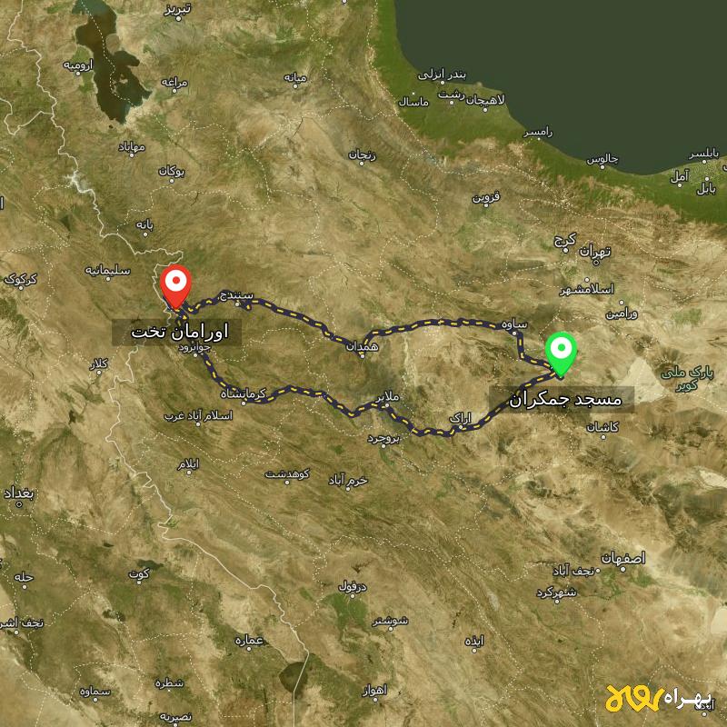 مسافت و فاصله اورامان تخت - کردستان تا مسجد جمکران - قم از ۲ مسیر - آذر ۱۴۰۳