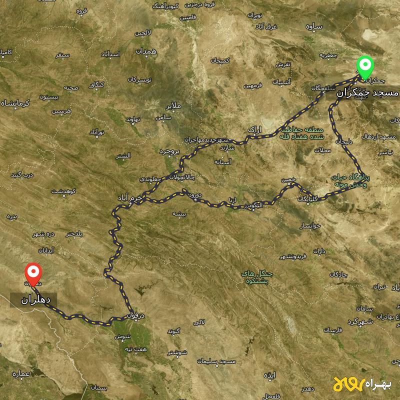 مسافت و فاصله دهلران - ایلام تا مسجد جمکران - قم از ۲ مسیر - آذر ۱۴۰۳