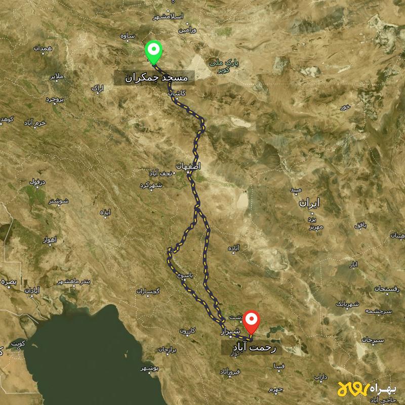 مسافت و فاصله رحمت آباد - فارس تا مسجد جمکران - قم از ۲ مسیر - شهریور ۱۴۰۳