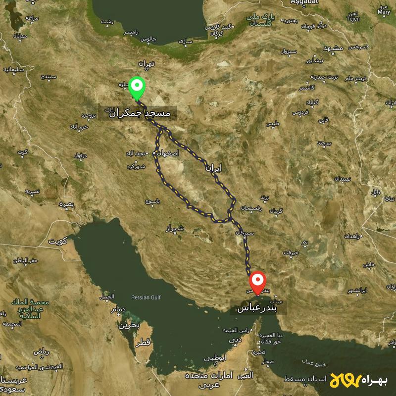 مسافت و فاصله بندرعباس تا مسجد جمکران - قم از ۲ مسیر - مرداد ۱۴۰۳