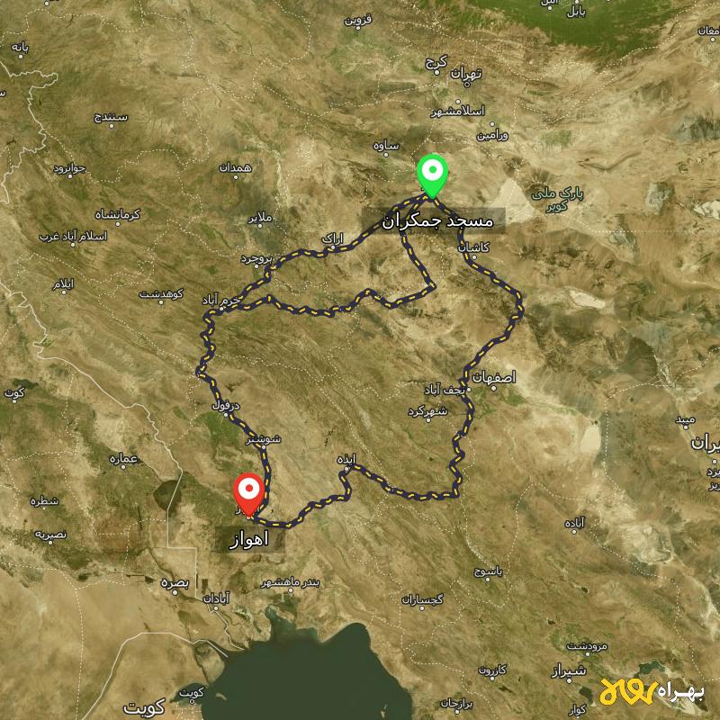 مسافت و فاصله اهواز تا مسجد جمکران - قم از ۳ مسیر - مرداد ۱۴۰۳