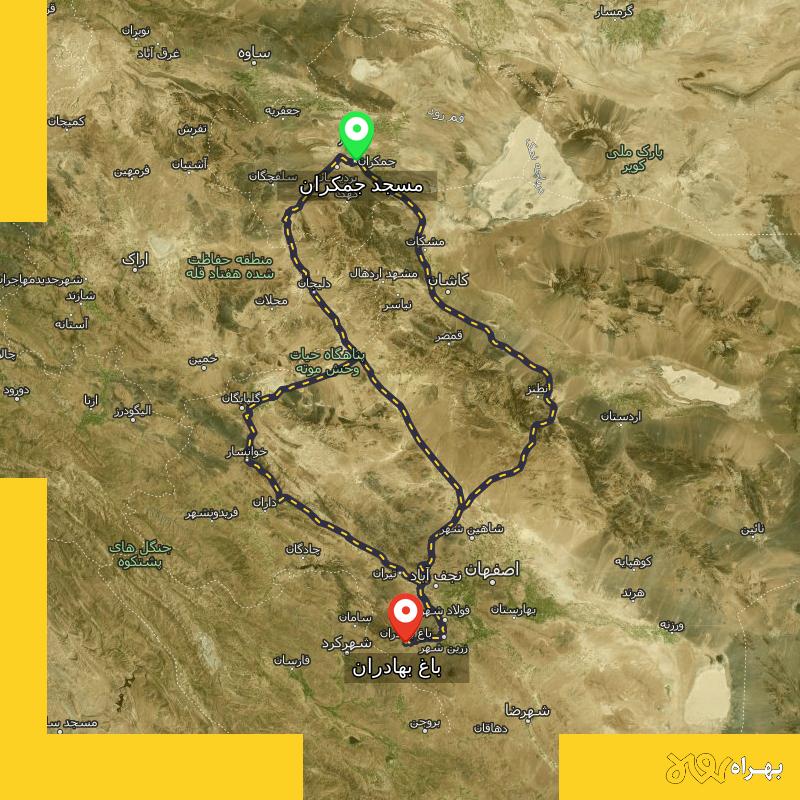 مسافت و فاصله باغ بهادران - اصفهان تا مسجد جمکران - قم از ۳ مسیر - آذر ۱۴۰۳