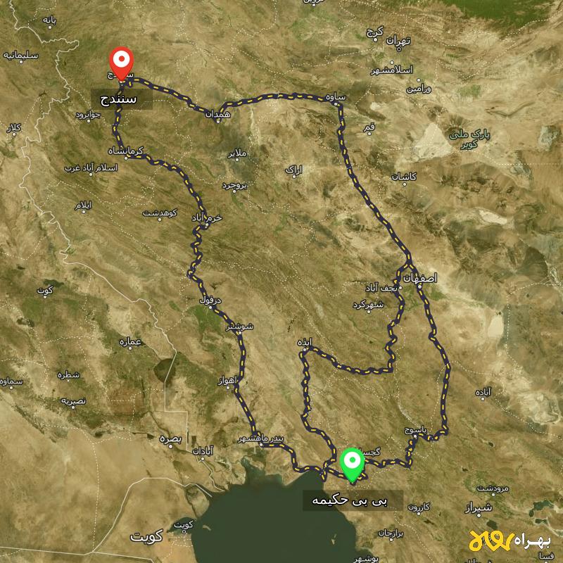 مسافت و فاصله سنندج تا بی بی حکیمه - کهگیلویه و بویر احمد از ۳ مسیر - مرداد ۱۴۰۳