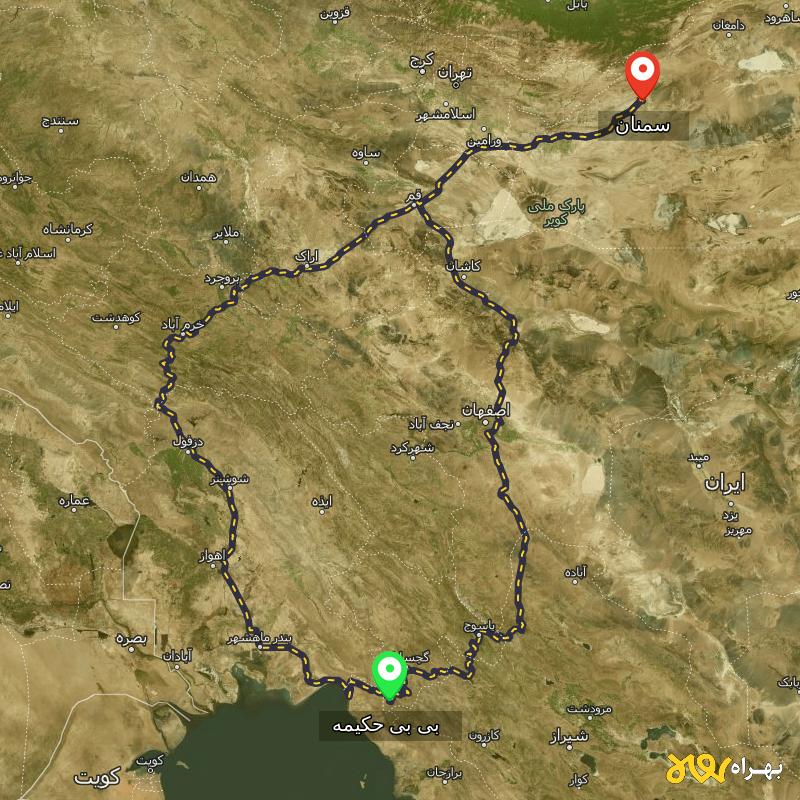 مسافت و فاصله سمنان تا بی بی حکیمه - کهگیلویه و بویر احمد از ۲ مسیر - مرداد ۱۴۰۳