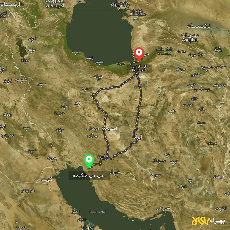 مسافت و فاصله گرگان تا بی بی حکیمه - کهگیلویه و بویر احمد از ۲ مسیر - مرداد ۱۴۰۳