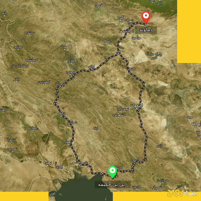 مسافت و فاصله دماوند - تهران تا بی بی حکیمه - کهگیلویه و بویر احمد از ۲ مسیر - آذر ۱۴۰۳