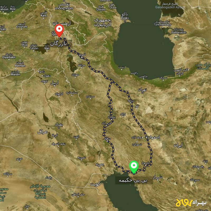 مسافت و فاصله بازرگان - آذربایجان غربی تا بی بی حکیمه - کهگیلویه و بویر احمد از ۲ مسیر - شهریور ۱۴۰۳