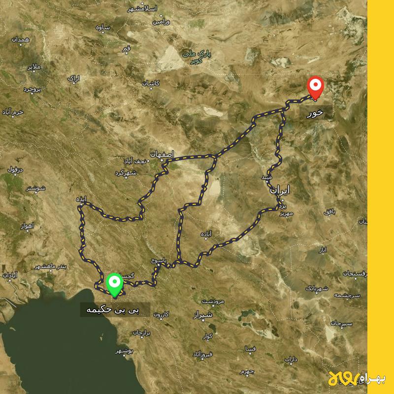 مسافت و فاصله خور - اصفهان تا بی بی حکیمه - کهگیلویه و بویر احمد از ۳ مسیر - دی ۱۴۰۳