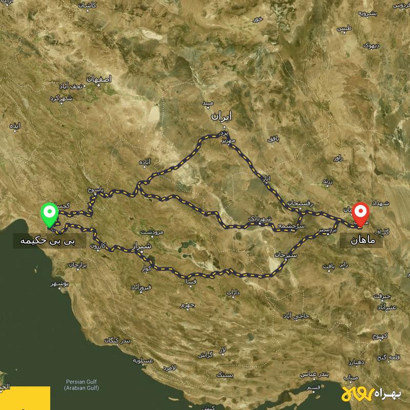 مسافت و فاصله ماهان - کرمان تا بی بی حکیمه - کهگیلویه و بویر احمد از ۳ مسیر - آذر ۱۴۰۳
