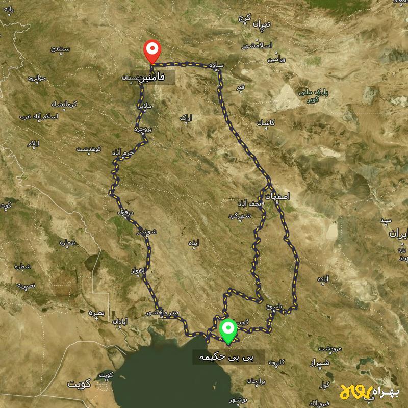 مسافت و فاصله فامنین - همدان تا بی بی حکیمه - کهگیلویه و بویر احمد از ۳ مسیر - آبان ۱۴۰۳