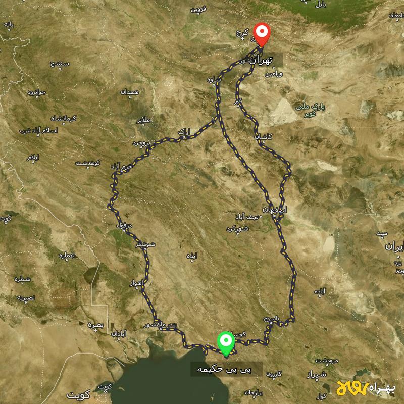 مسافت و فاصله تهران تا بی بی حکیمه - کهگیلویه و بویر احمد از ۳ مسیر - مرداد ۱۴۰۳