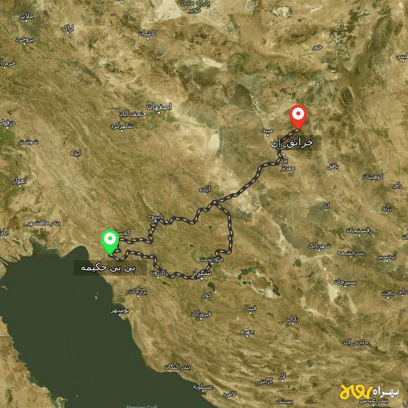 مسافت و فاصله خرانق - یزد تا بی بی حکیمه - کهگیلویه و بویر احمد از ۲ مسیر - مرداد ۱۴۰۳