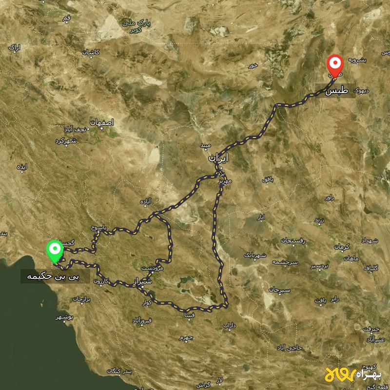 مسافت و فاصله طبس - خراسان جنوبی تا بی بی حکیمه - کهگیلویه و بویر احمد از ۳ مسیر - آذر ۱۴۰۳