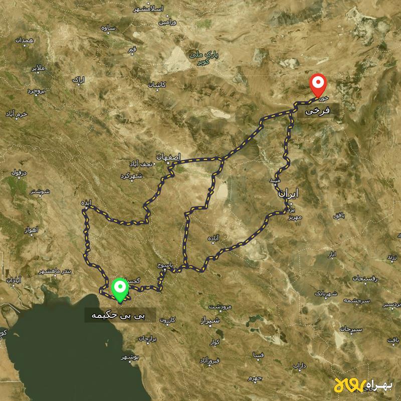 مسافت و فاصله فرخی - اصفهان تا بی بی حکیمه - کهگیلویه و بویر احمد از ۳ مسیر - آذر ۱۴۰۳