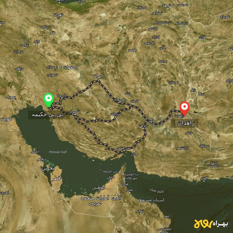 مسافت و فاصله زاهدان تا بی بی حکیمه - کهگیلویه و بویر احمد از ۳ مسیر - مرداد ۱۴۰۳
