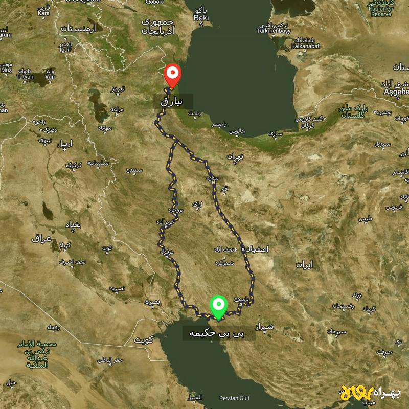 مسافت و فاصله نیارق - اردبیل تا بی بی حکیمه - کهگیلویه و بویر احمد از ۲ مسیر - آذر ۱۴۰۳