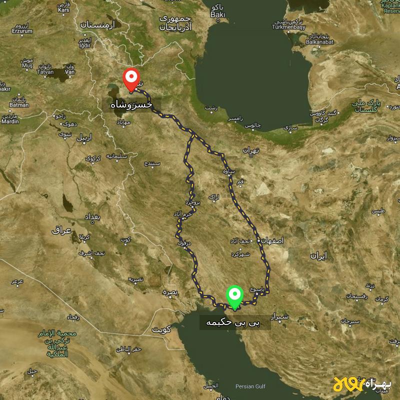 مسافت و فاصله خسروشاه - آذربایجان شرقی تا بی بی حکیمه - کهگیلویه و بویر احمد از ۲ مسیر - دی ۱۴۰۳