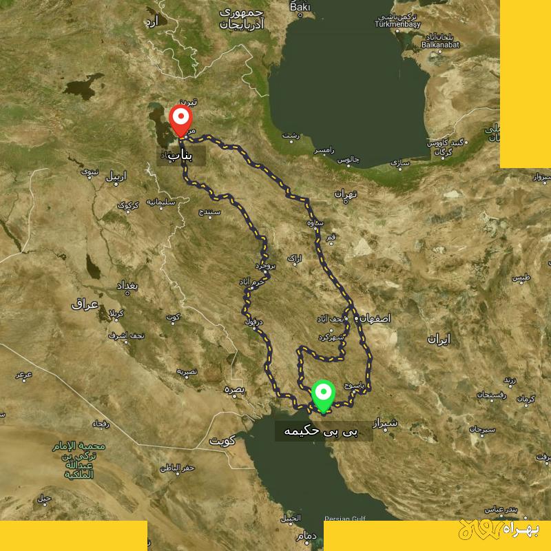 مسافت و فاصله بناب - آذربایجان شرقی تا بی بی حکیمه - کهگیلویه و بویر احمد از ۳ مسیر - آبان ۱۴۰۳