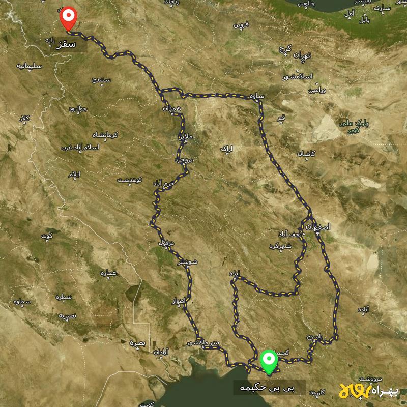 مسافت و فاصله سقز - کردستان تا بی بی حکیمه - کهگیلویه و بویر احمد از ۳ مسیر - آذر ۱۴۰۳