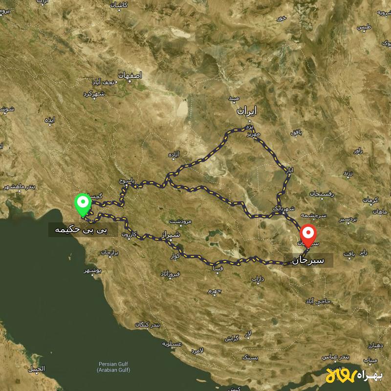 مسافت و فاصله سیرجان تا بی بی حکیمه - کهگیلویه و بویر احمد از ۳ مسیر - آذر ۱۴۰۳