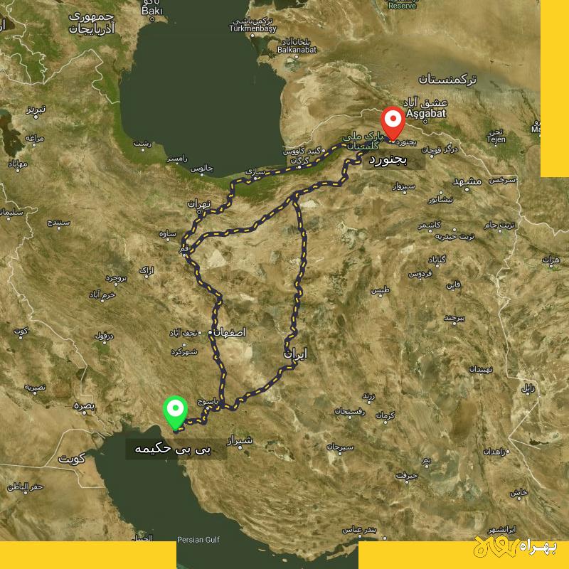 مسافت و فاصله بجنورد تا بی بی حکیمه - کهگیلویه و بویر احمد از ۳ مسیر - مرداد ۱۴۰۳