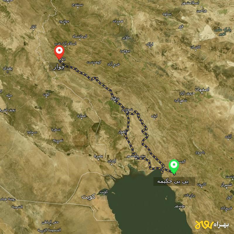 مسافت و فاصله چوار - ایلام تا بی بی حکیمه - کهگیلویه و بویر احمد از ۲ مسیر - آذر ۱۴۰۳