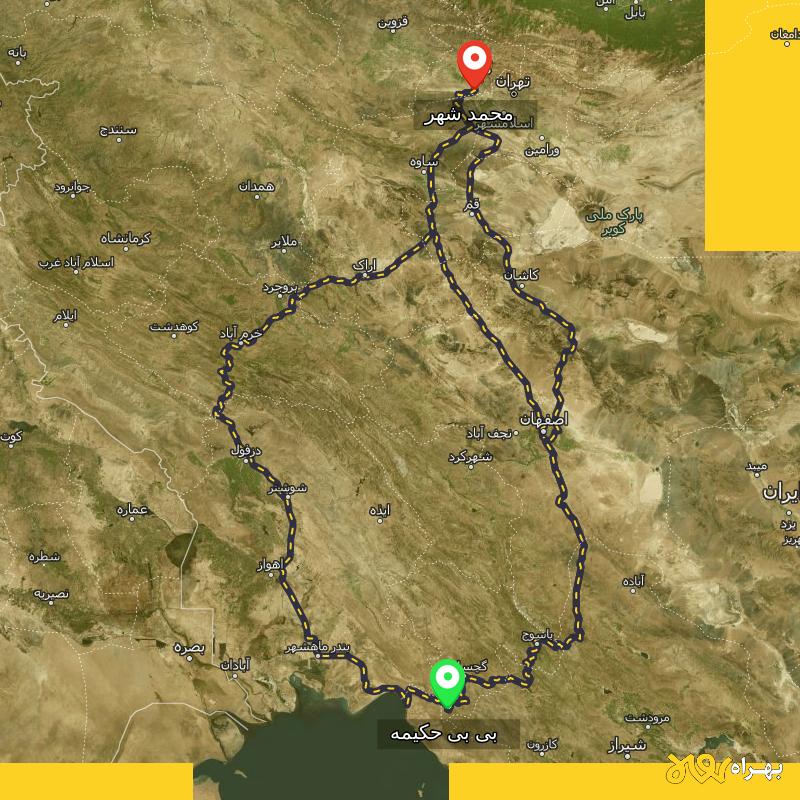 مسافت و فاصله محمد شهر - البرز تا بی بی حکیمه - کهگیلویه و بویر احمد از ۳ مسیر - دی ۱۴۰۳