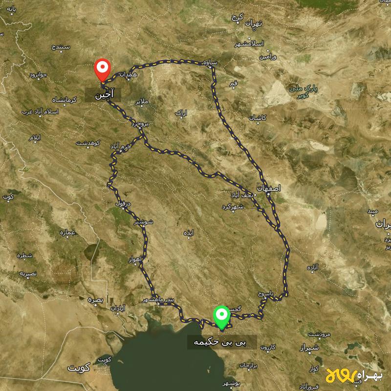 مسافت و فاصله آجین - همدان تا بی بی حکیمه - کهگیلویه و بویر احمد از ۳ مسیر - آبان ۱۴۰۳