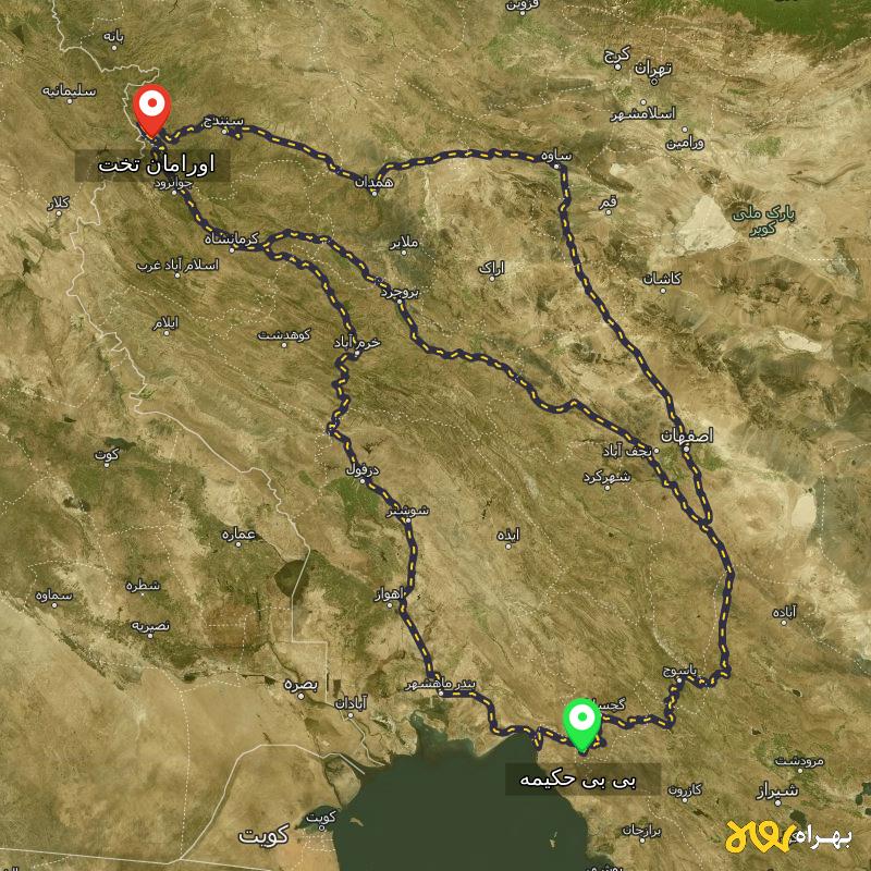 مسافت و فاصله اورامان تخت - کردستان تا بی بی حکیمه - کهگیلویه و بویر احمد از ۳ مسیر - آذر ۱۴۰۳