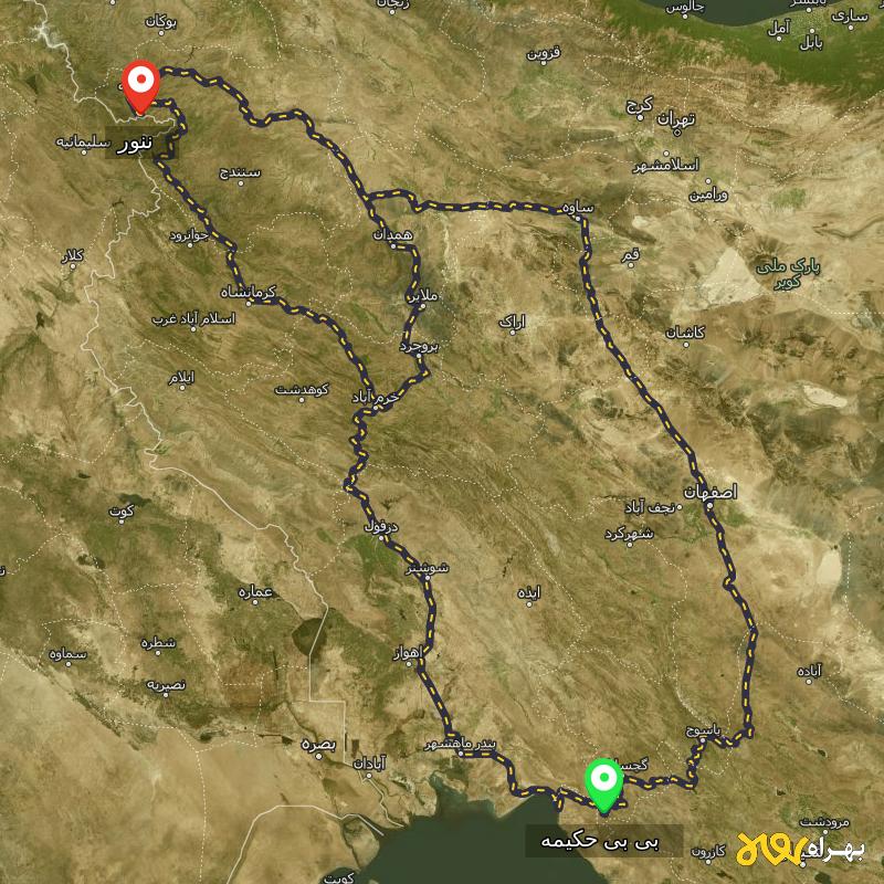 مسافت و فاصله ننور - کردستان تا بی بی حکیمه - کهگیلویه و بویر احمد از ۳ مسیر - شهریور ۱۴۰۳