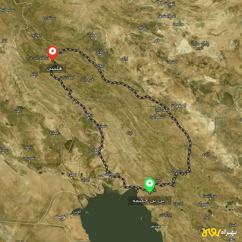 مسافت و فاصله هلشی - کرمانشاه تا بی بی حکیمه - کهگیلویه و بویر احمد از ۲ مسیر - دی ۱۴۰۳