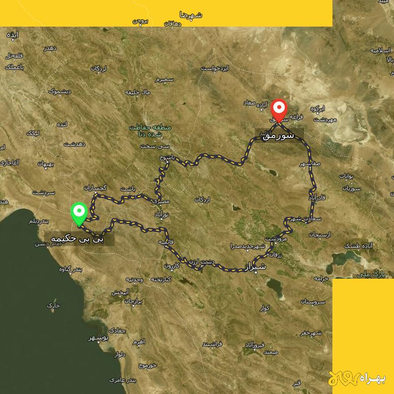 مسافت و فاصله سورمق - فارس تا بی بی حکیمه - کهگیلویه و بویر احمد از ۲ مسیر - شهریور ۱۴۰۳