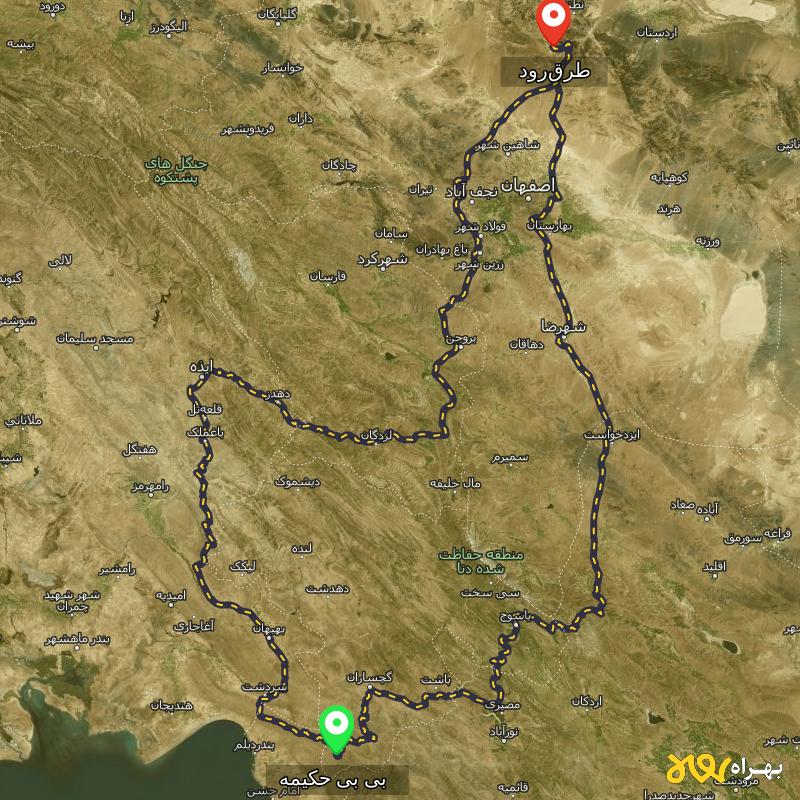 مسافت و فاصله طرق‌رود - اصفهان تا بی بی حکیمه - کهگیلویه و بویر احمد از ۲ مسیر - بهمن ۱۴۰۳