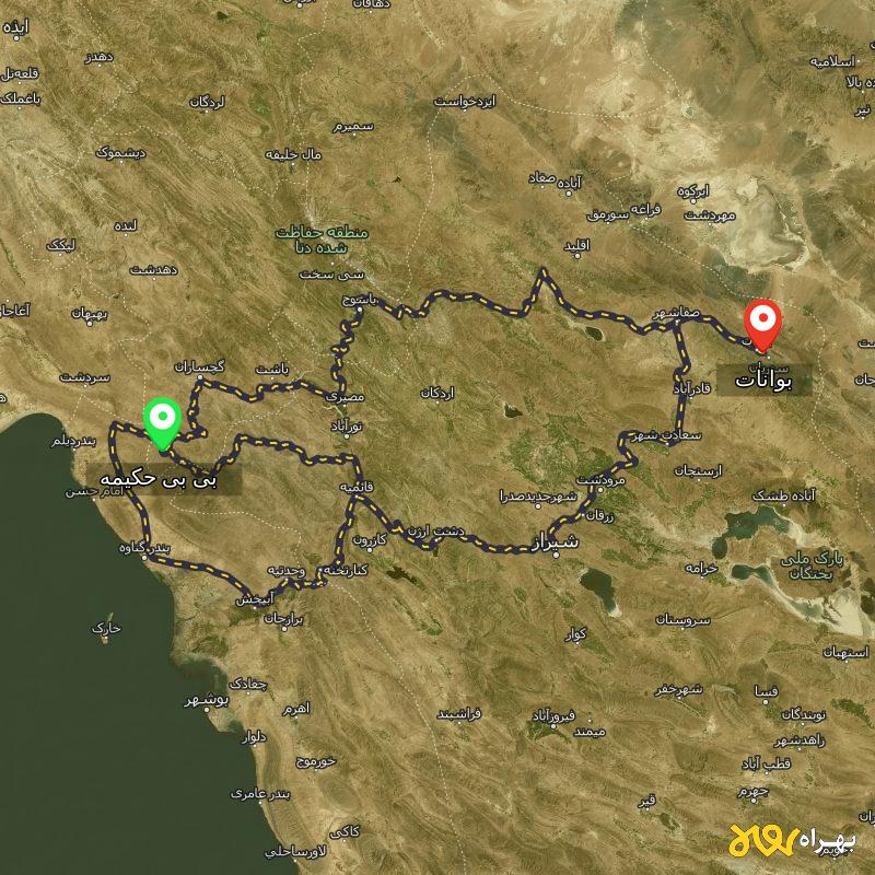 مسافت و فاصله بوانات - دهستان بوانات تا بی بی حکیمه - کهگیلویه و بویر احمد از ۳ مسیر - شهریور ۱۴۰۳